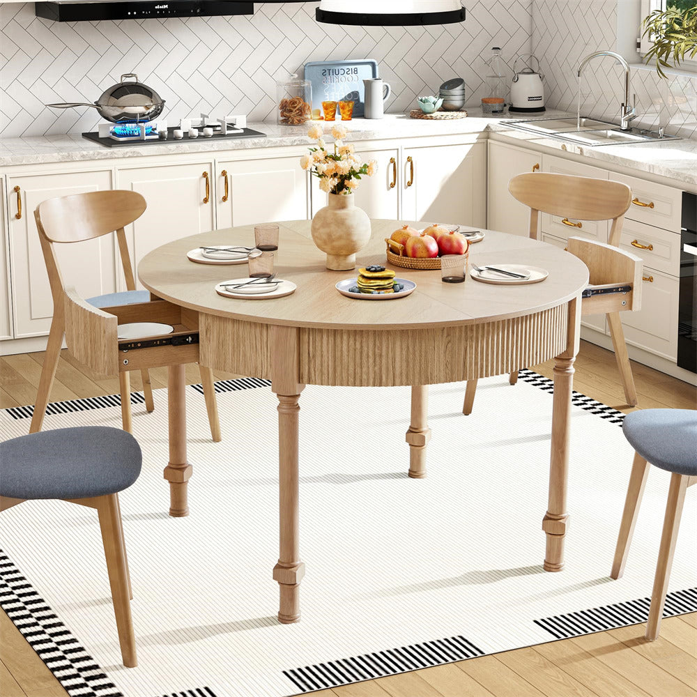 Natural 47 Inch Modern Fluted Round Dining Table with 2 Drawers for 4-6 People
