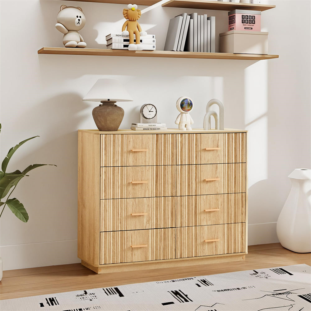 Natural 47" Wide Modern Wood Fluted 8 Drawers Dresser with Curved Profile Design