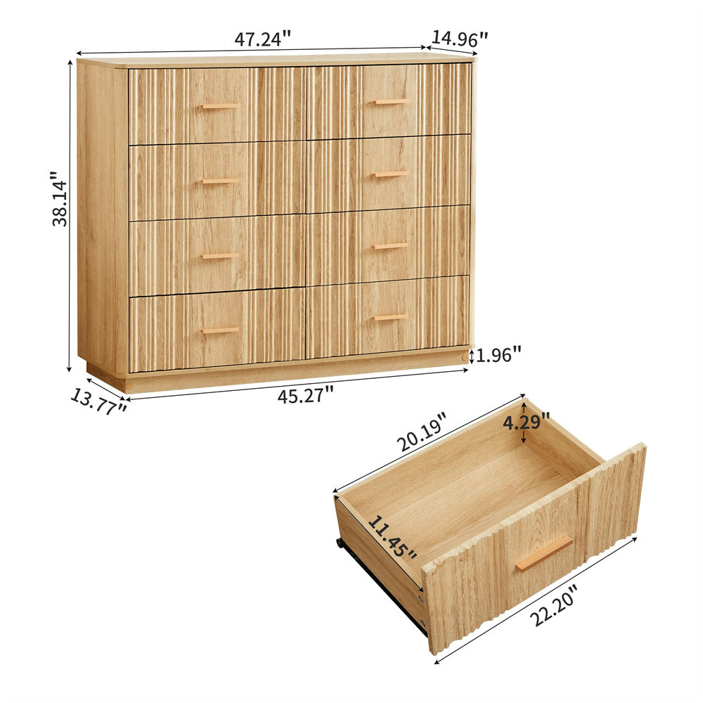Natural 47" Wide Modern Wood Fluted 8 Drawers Dresser with Curved Profile Design