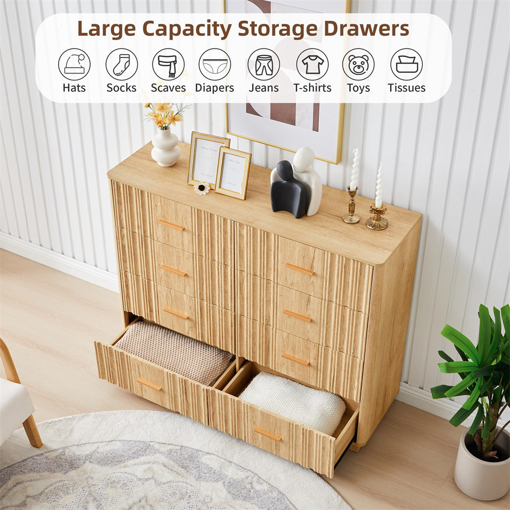 Natural 47" Wide Modern Wood Fluted 8 Drawers Dresser with Curved Profile Design