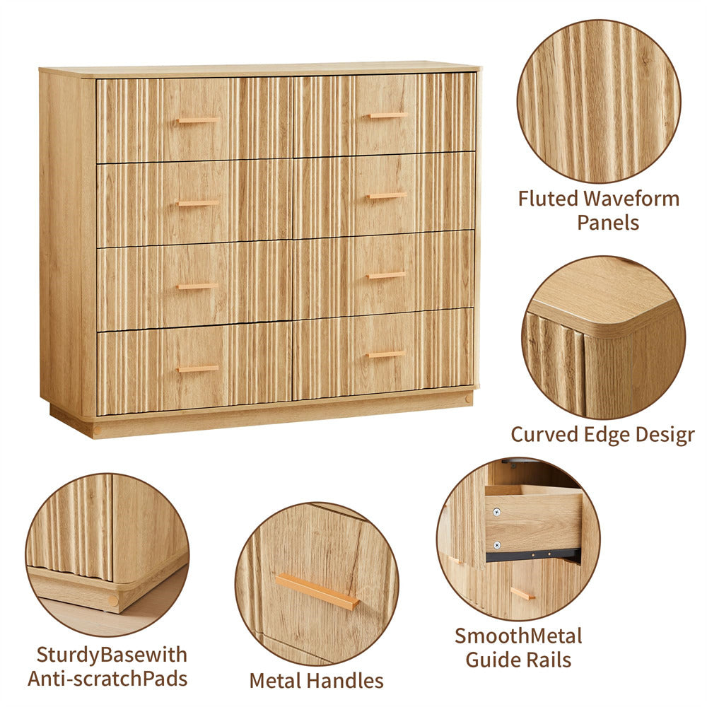 Natural 47" Wide Modern Wood Fluted 8 Drawers Dresser with Curved Profile Design