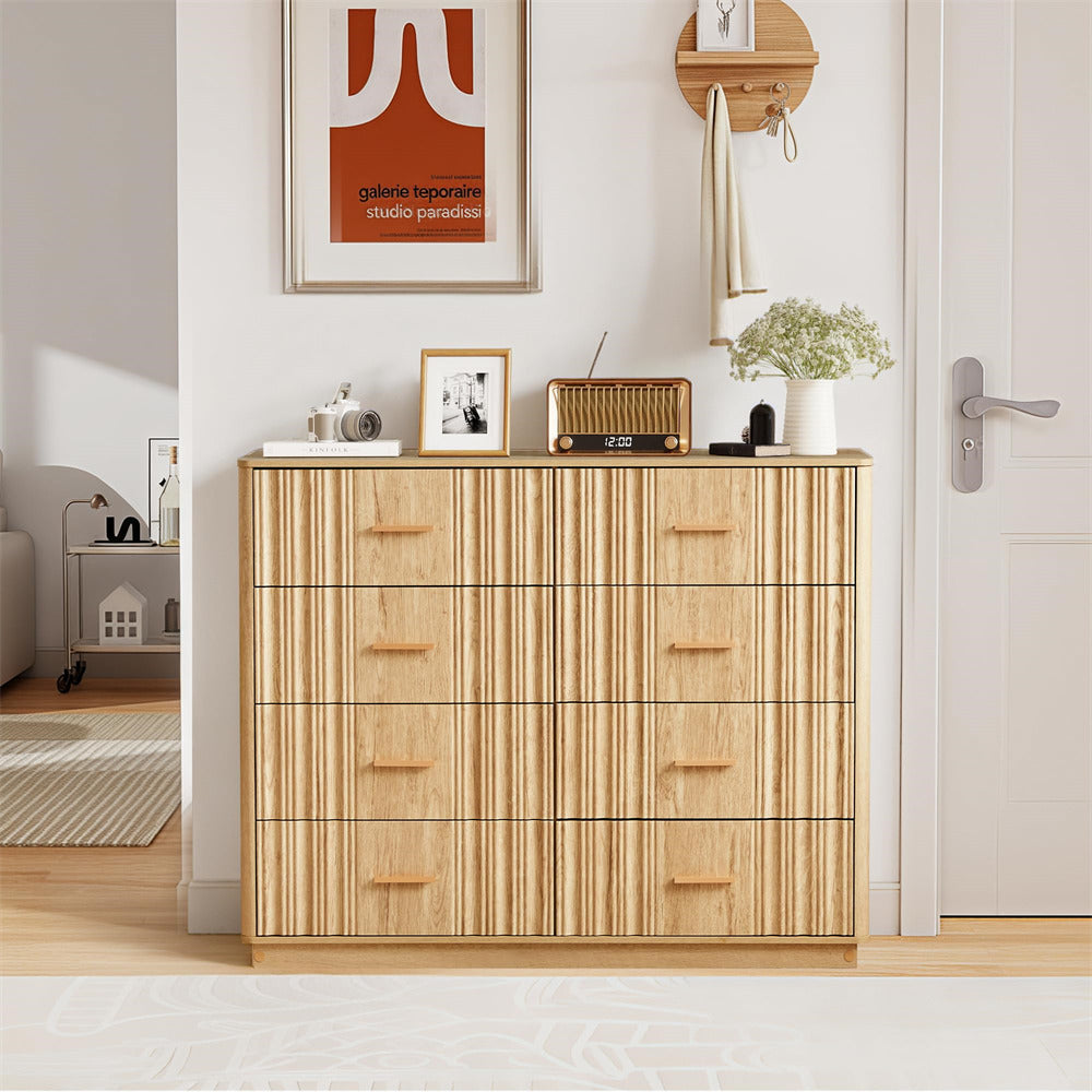 Natural 47" Wide Modern Wood Fluted 8 Drawers Dresser with Curved Profile Design