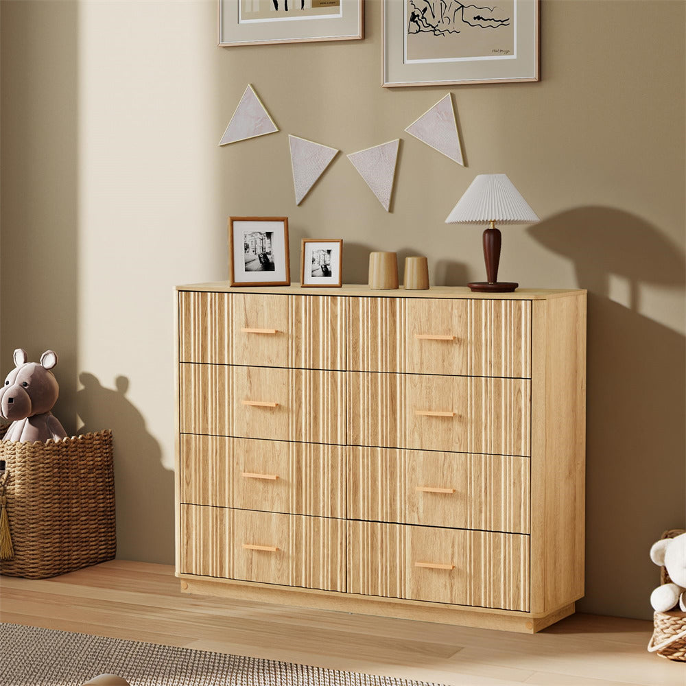 Natural 47" Wide Modern Wood Fluted 8 Drawers Dresser with Curved Profile Design
