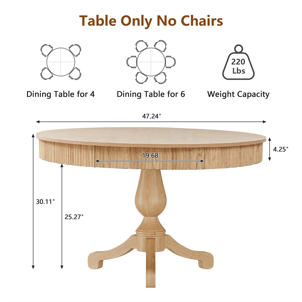 Wooden dining table with dimensions and weight capacity on a white background