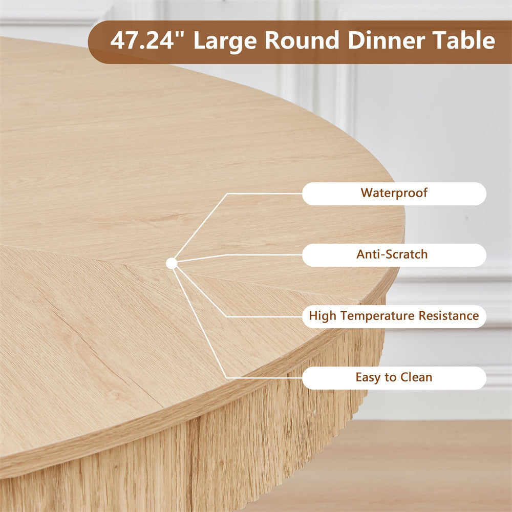 Wooden round dinner table with features listed on a white background