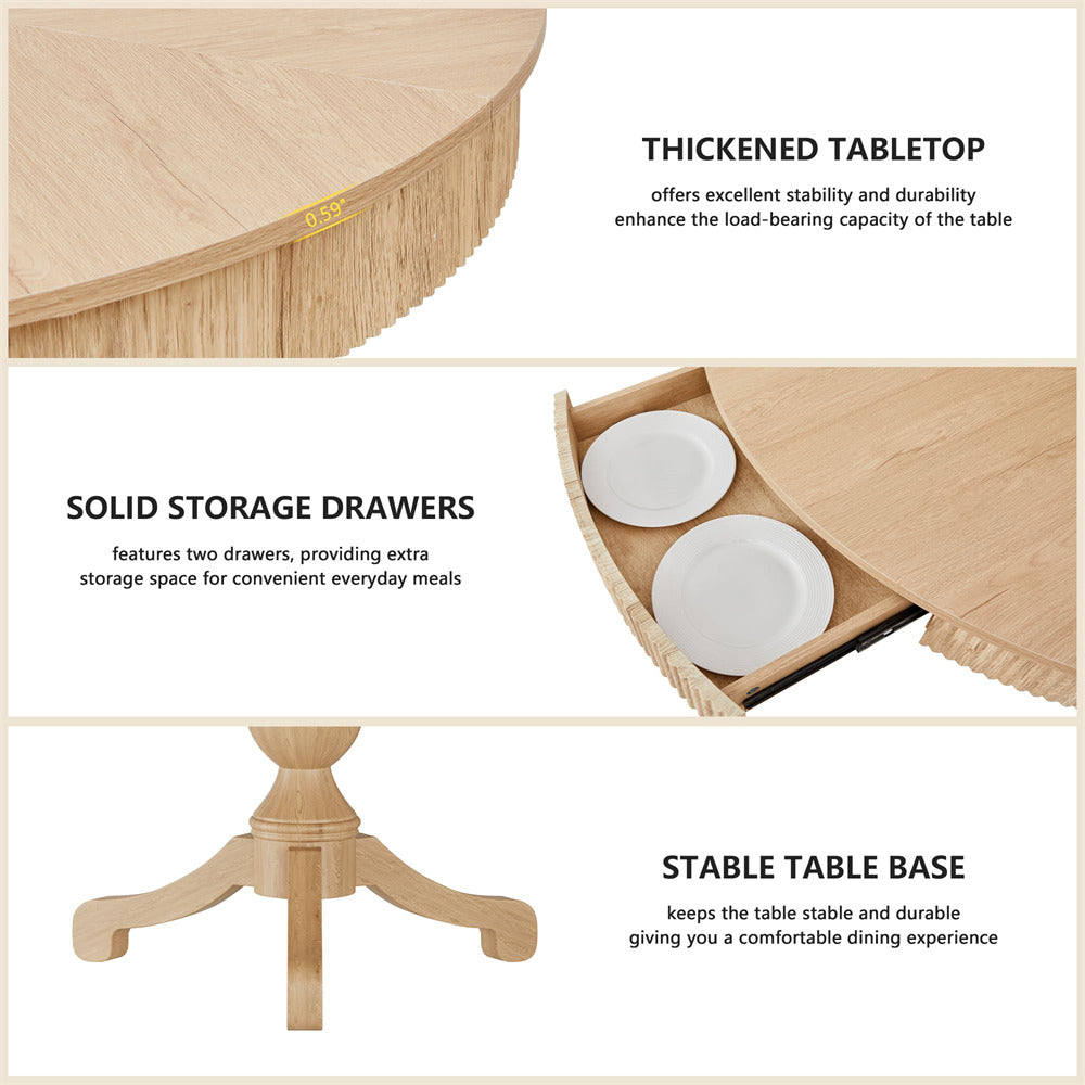 Wooden dining table with solid storage drawers and thickened tabletop, featuring text on stability and durability.