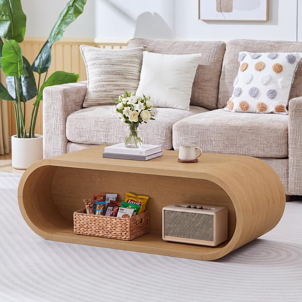 Natural 47'' Oval Coffee Table 2-Tier Center Table with Storage Shelf