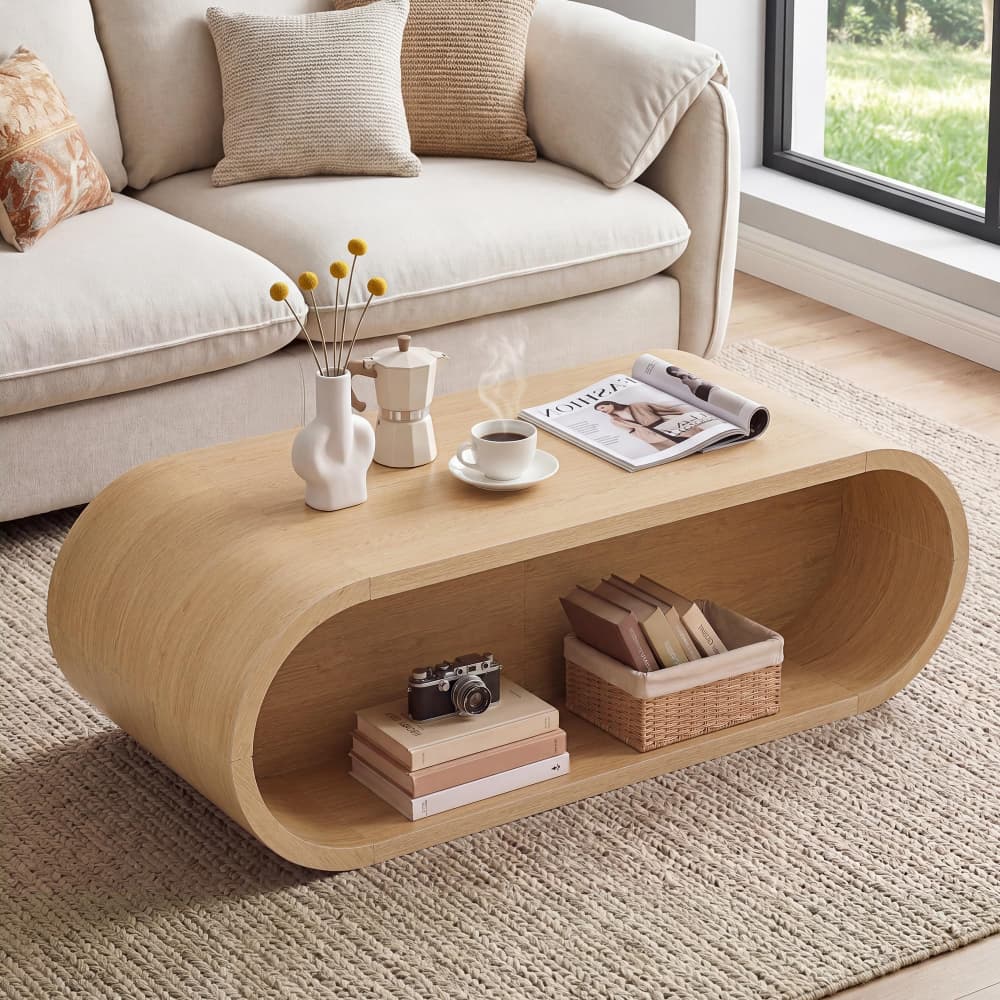Natural 47'' Oval Coffee Table 2-Tier Center Table with Storage Shelf