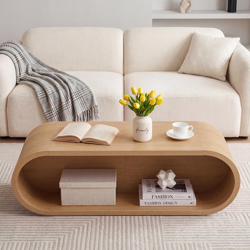 Natural 47'' Oval Coffee Table 2-Tier Center Table with Storage Shelf