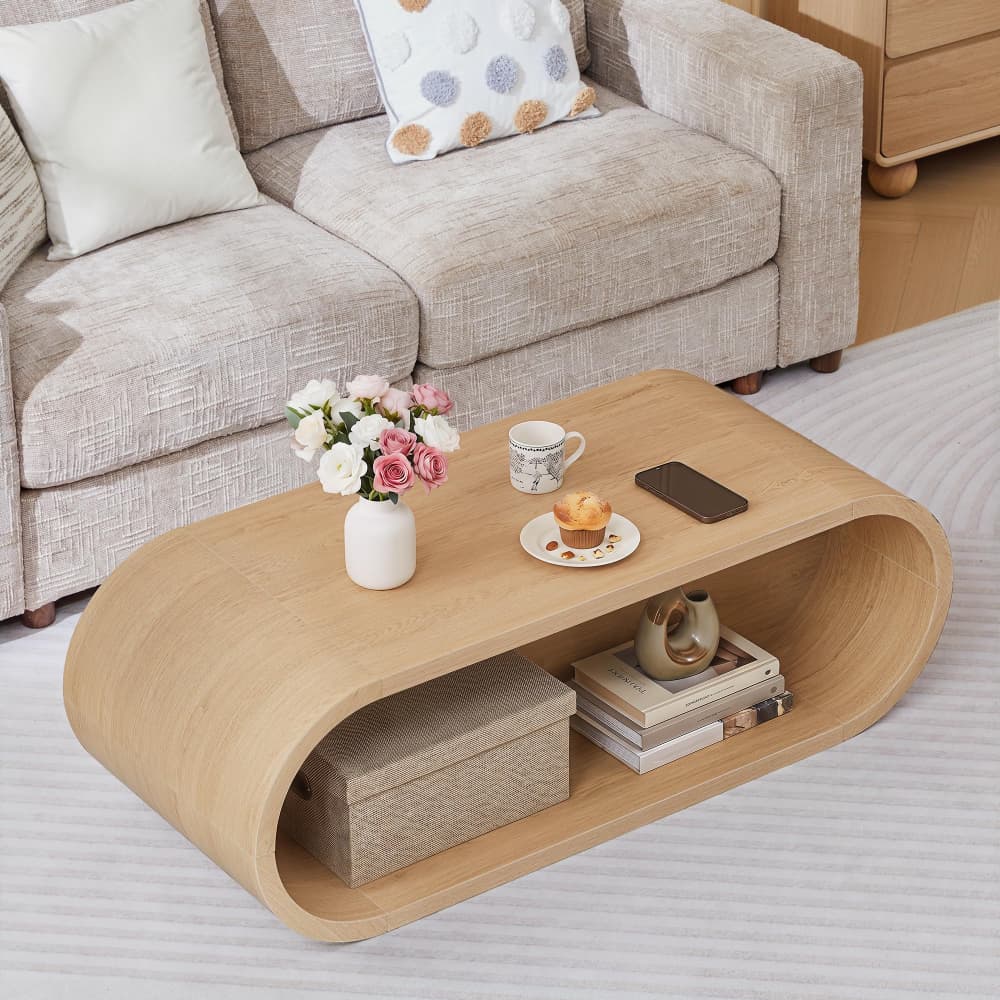 Natural 47'' Oval Coffee Table 2-Tier Center Table with Storage Shelf