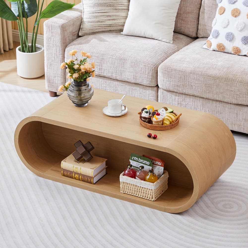 Natural 47'' Oval Coffee Table 2-Tier Center Table with Storage Shelf