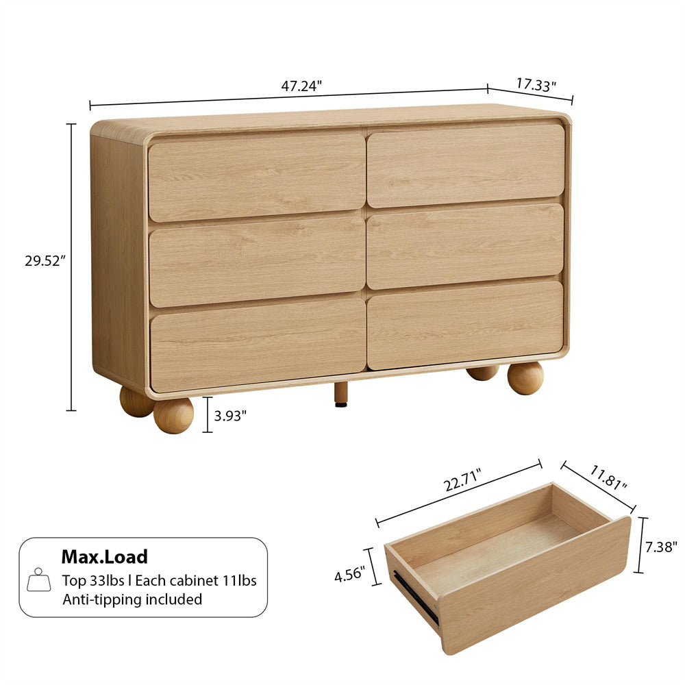 Wooden dresser with dimensions and weight capacity details on a white background