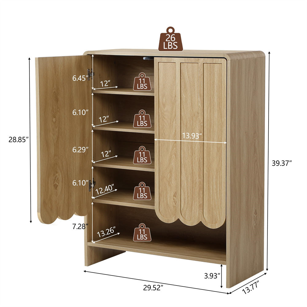 Wooden 5-tier shoe cabinet with measurements and weight labels on a white background
