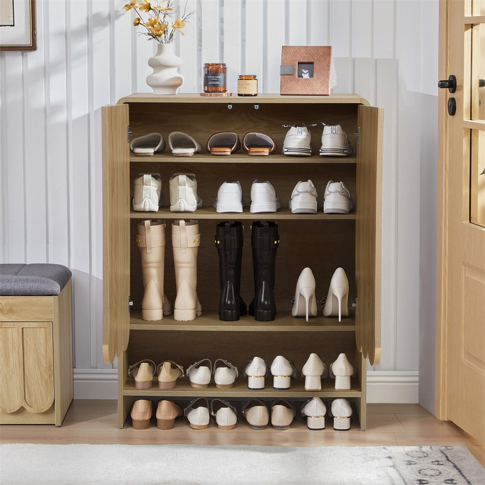 Wooden 5-tier shoe cabinet with various shoes on shelves in a room setting.