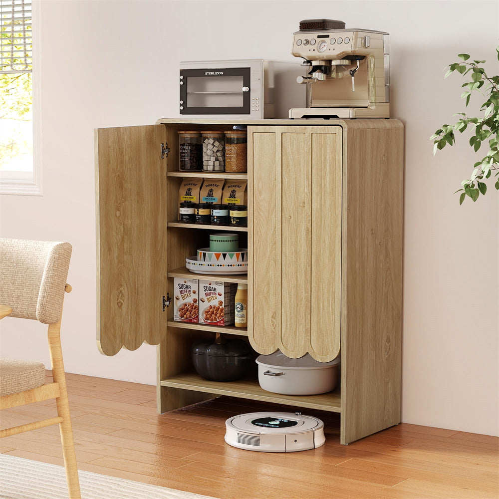 Wooden 5-tier shoe cabinet with appliances and items inside, on a wooden floor.