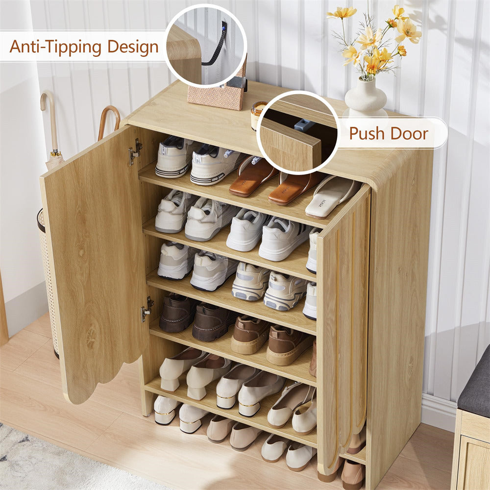 Wooden 5-tier shoe cabinet with multiple shelves filled with shoes, featuring 'Anti-Tipping Design' and 'Push Door' text.