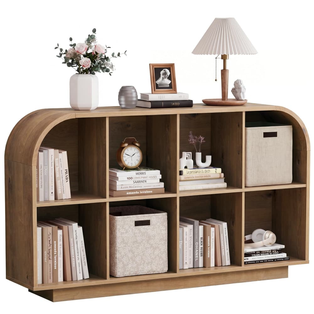 Natural 55.1" L Low Wooden Bookcase 8 Cube Storage Organizer with Curved Edge