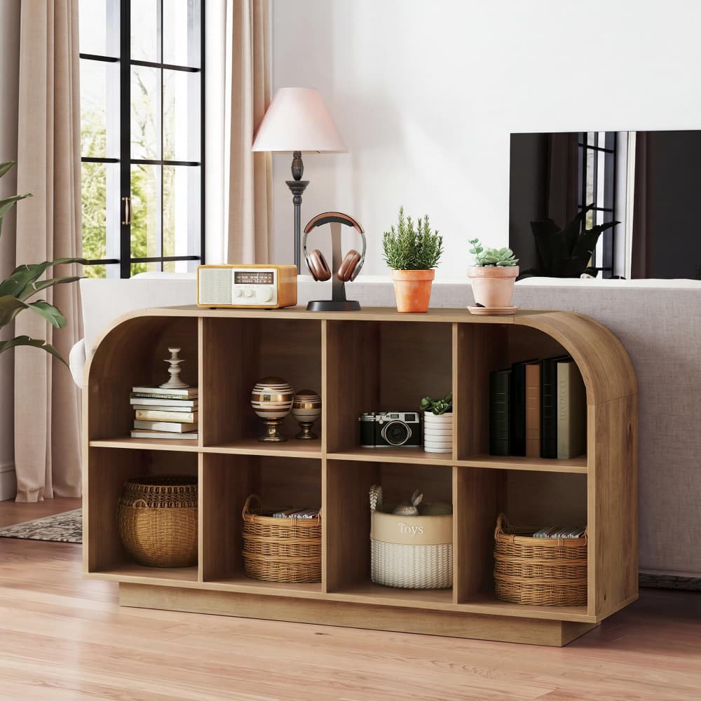 Natural 55.1" L Low Wooden Bookcase 8 Cube Storage Organizer with Curved Edge