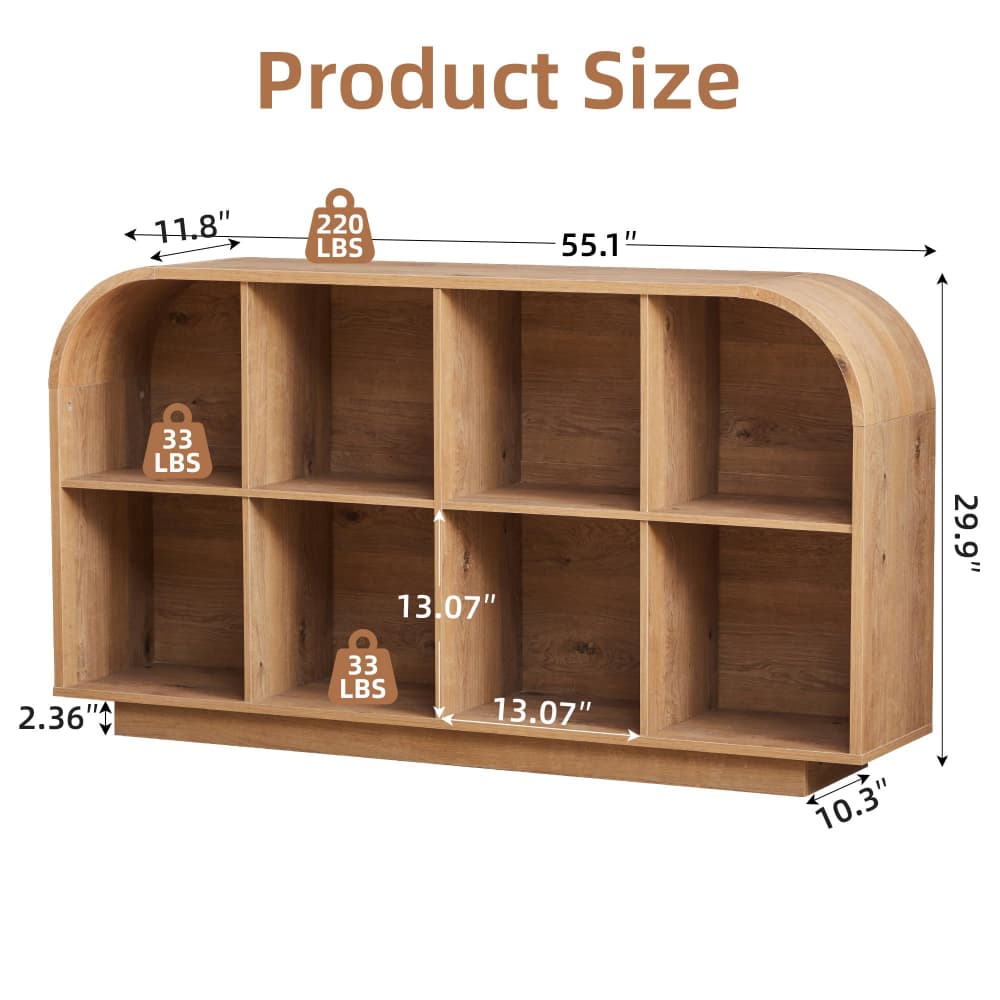 A wooden multi-compartment shelf with dimension annotations showing its size, weight capacity, and measurements on a white background.