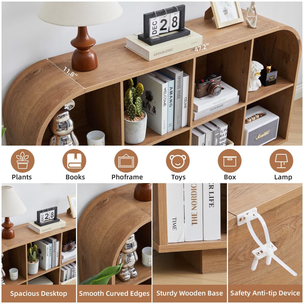 A wooden open-book bookshelf with a curved back and multiple cubbies, shown styled with books, a lamp, plants, and small decor items. The image includes dimension callouts and a row of feature icons and close-up panels highlighting spacious desktop space, smooth curved edges, a sturdy wooden base, and a safety anti-tip device.