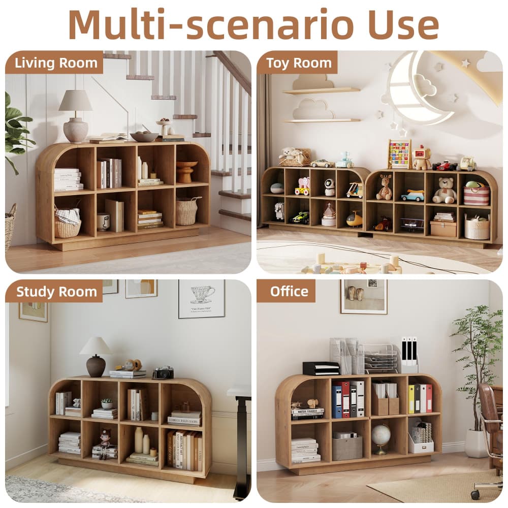 A 2x2 collage showing a wooden multi-compartment bookshelf in four real indoor environments: Living Room, Toy Room, Study Room, and Office. The top header reads 'Multi-scenario Use.