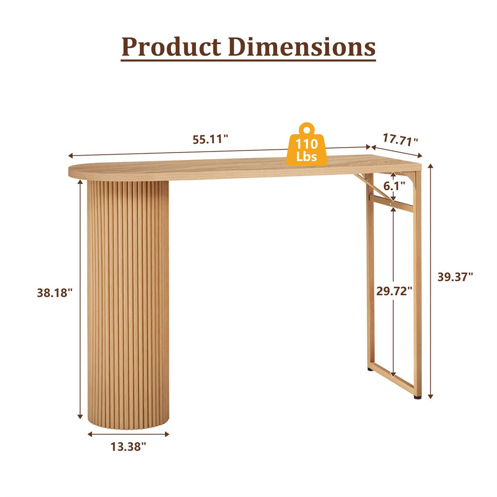 Wooden console table with dimensions and weight label on a white background
