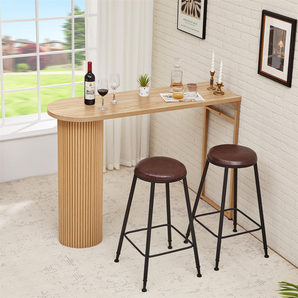 Wooden bar table with two stools in a room with a window view