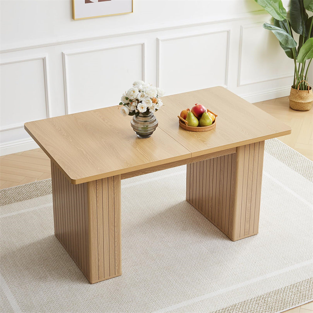 Natural 55 in–71 in Extendable Rectangular Kitchen Dining Table with Carved Line Base for 4–8