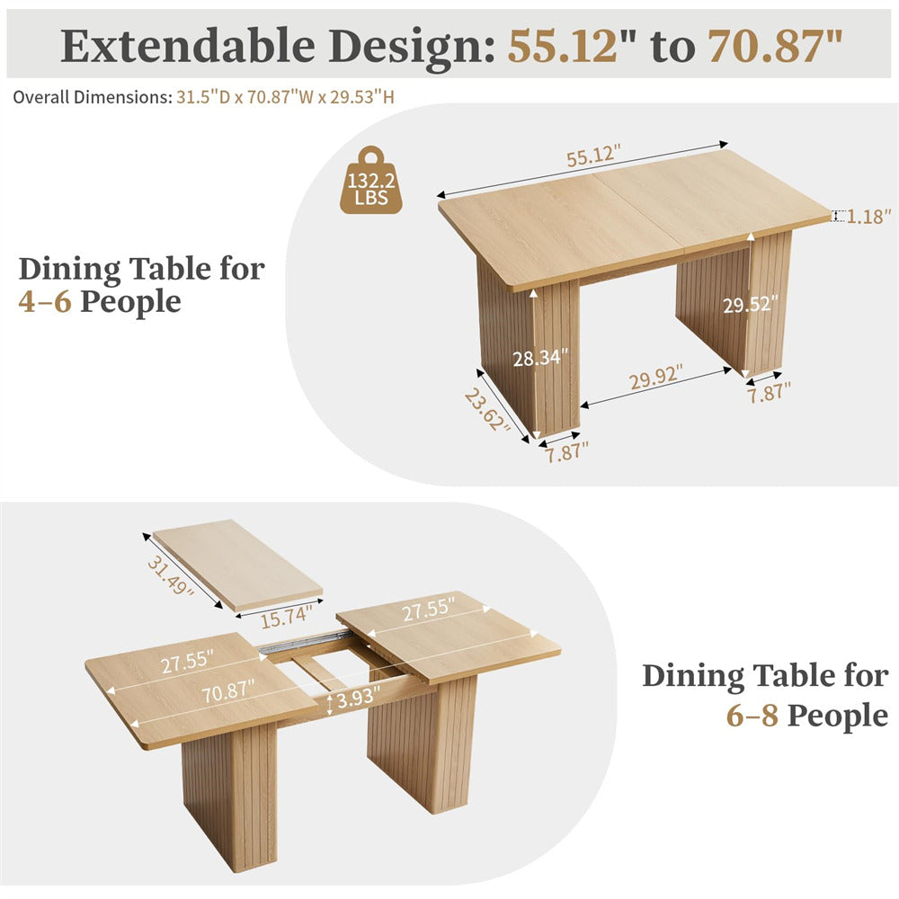 Natural 55 in–71 in Extendable Rectangular Kitchen Dining Table with Carved Line Base for 4–8