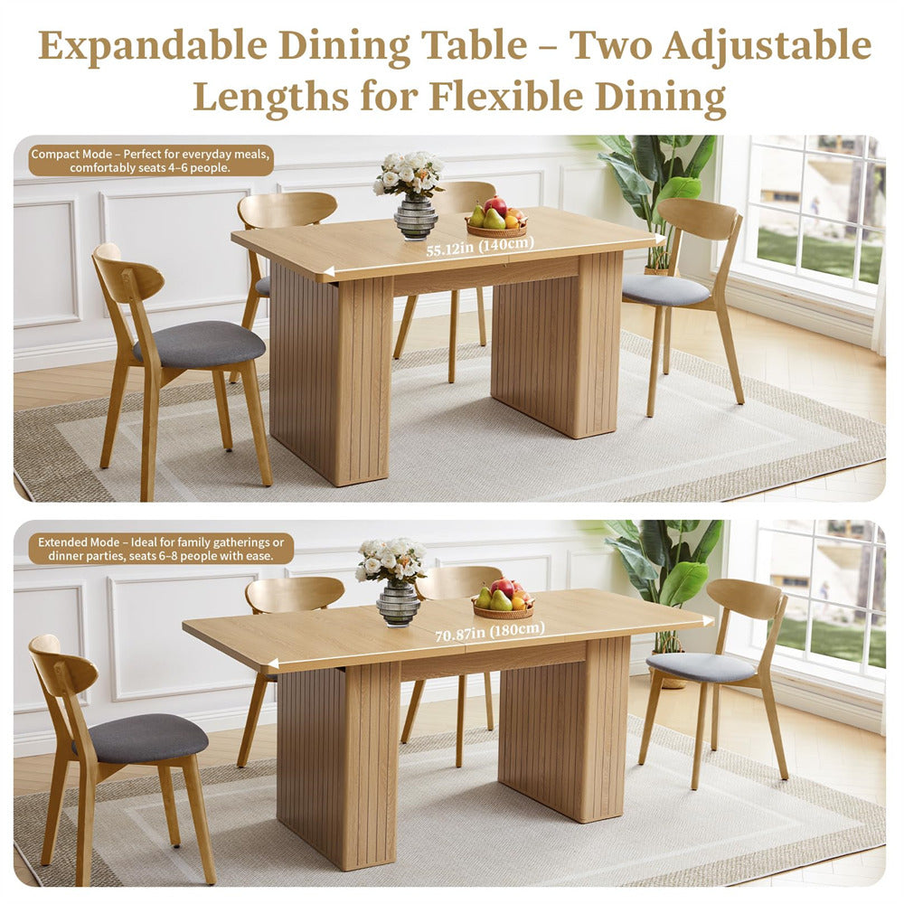 Natural 55 in–71 in Extendable Rectangular Kitchen Dining Table with Carved Line Base for 4–8