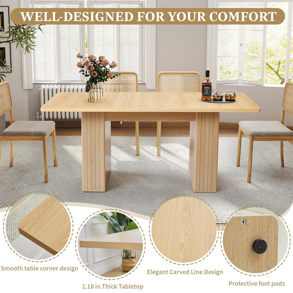 Natural 55 in–71 in Extendable Rectangular Kitchen Dining Table with Carved Line Base for 4–8