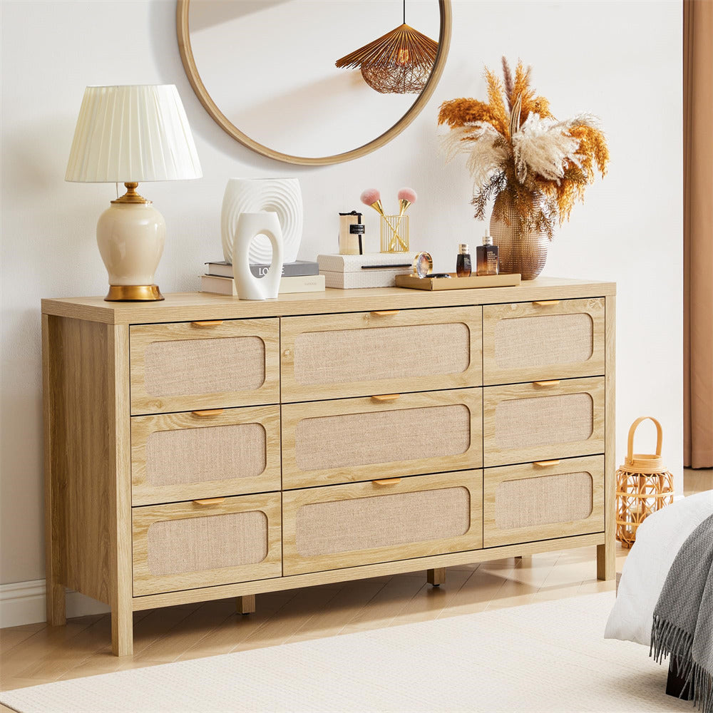 Wooden dresser with decorative items in a room setting