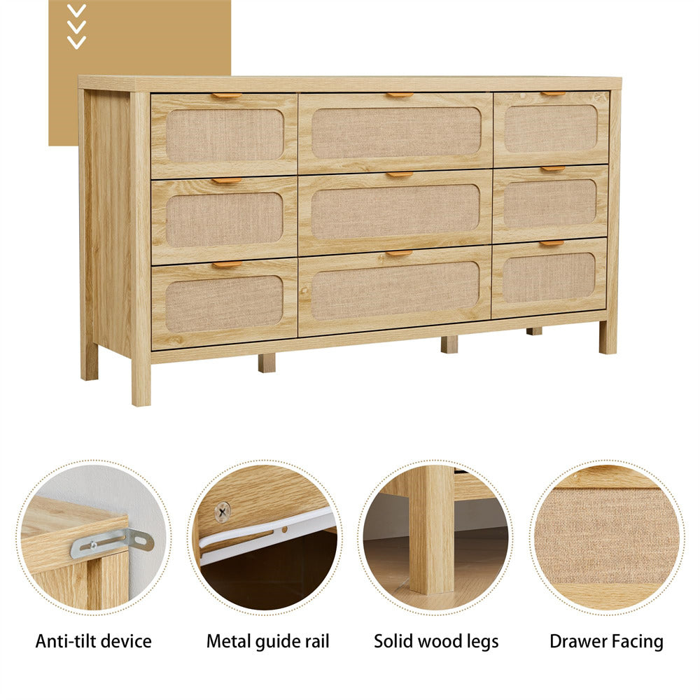 Wooden dresser with anti-tilt device, metal guide rail, solid wood legs, and drawer facing features.