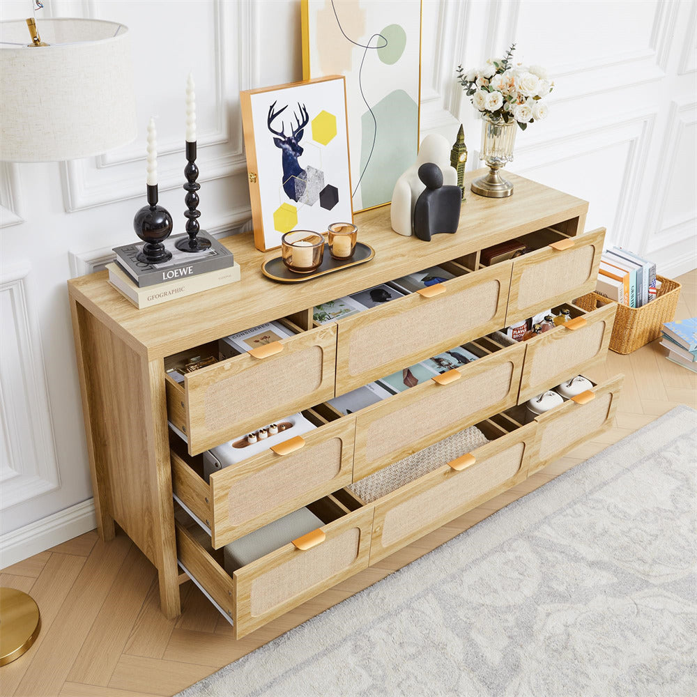 Wooden dresser with multiple drawers in a room setting