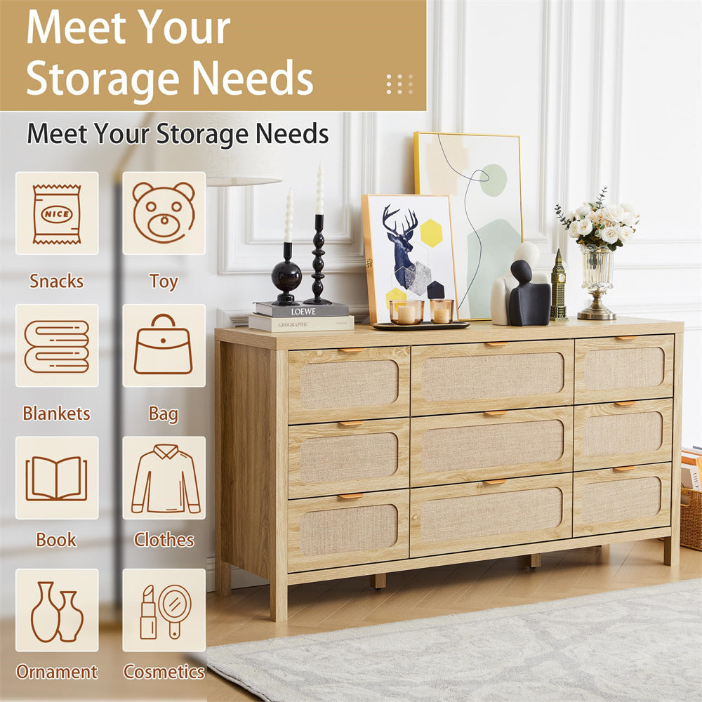 Wooden dresser with decorative items and storage icons on a beige background