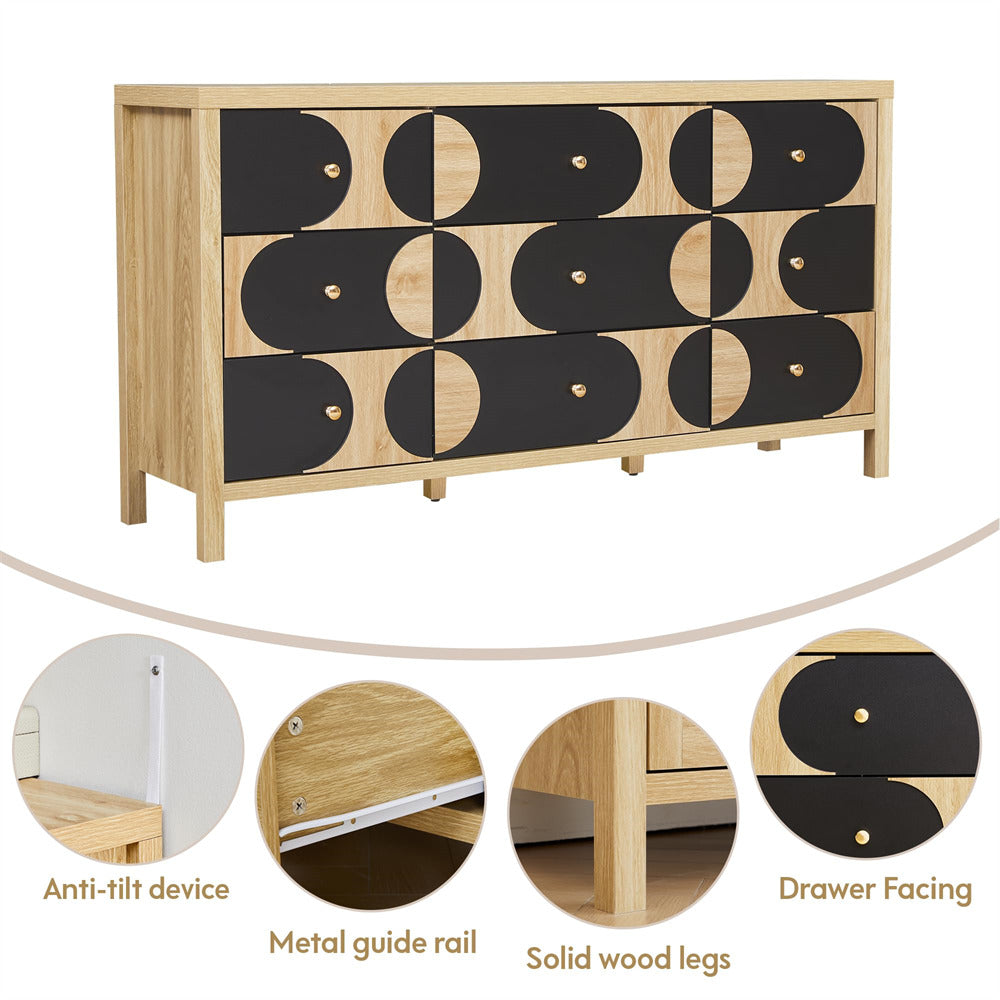 Wooden dresser with black geometric pattern, anti-tilt device, metal guide rail, solid wood legs, and drawer facing features.