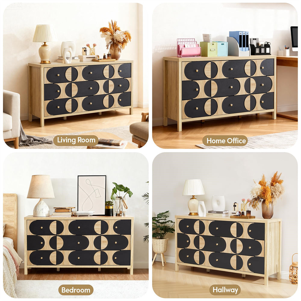 Credenza with geometric pattern in various room settings