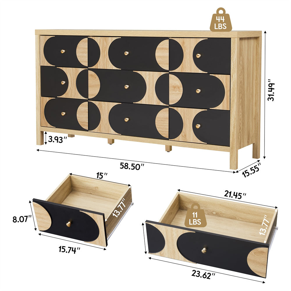 Wooden dresser with geometric black and natural wood design, showing dimensions and weight on a white background.