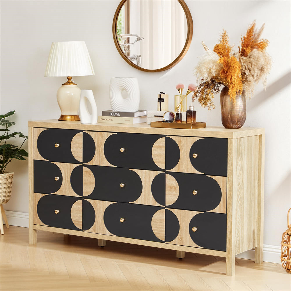 Wooden dresser with black geometric pattern in a room setting