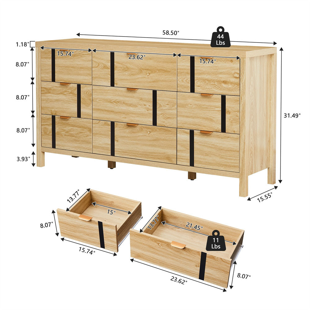 Wooden dresser with dimensions labeled on a white background