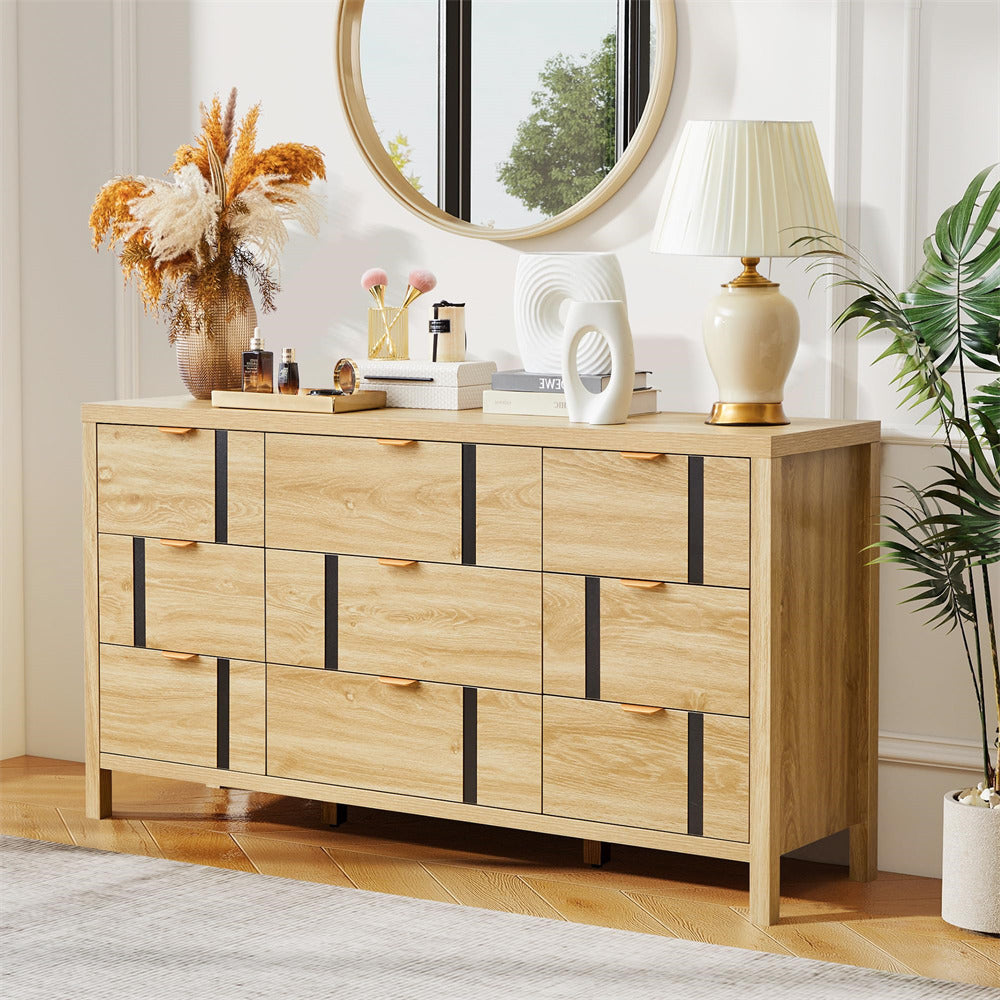 Wooden dresser with decorative items in a room setting