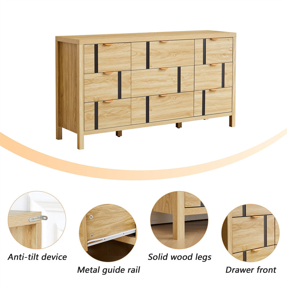 Wooden dresser with close-up details on anti-tilt device, metal guide rail, solid wood legs, and drawer front.