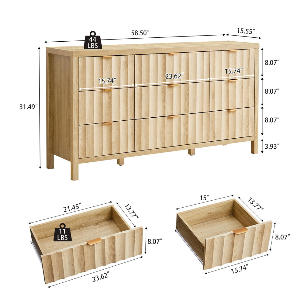 Wooden dresser with dimensions and weight labels on a white background
