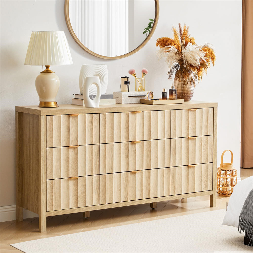 Wooden dresser with decorative items in a room setting