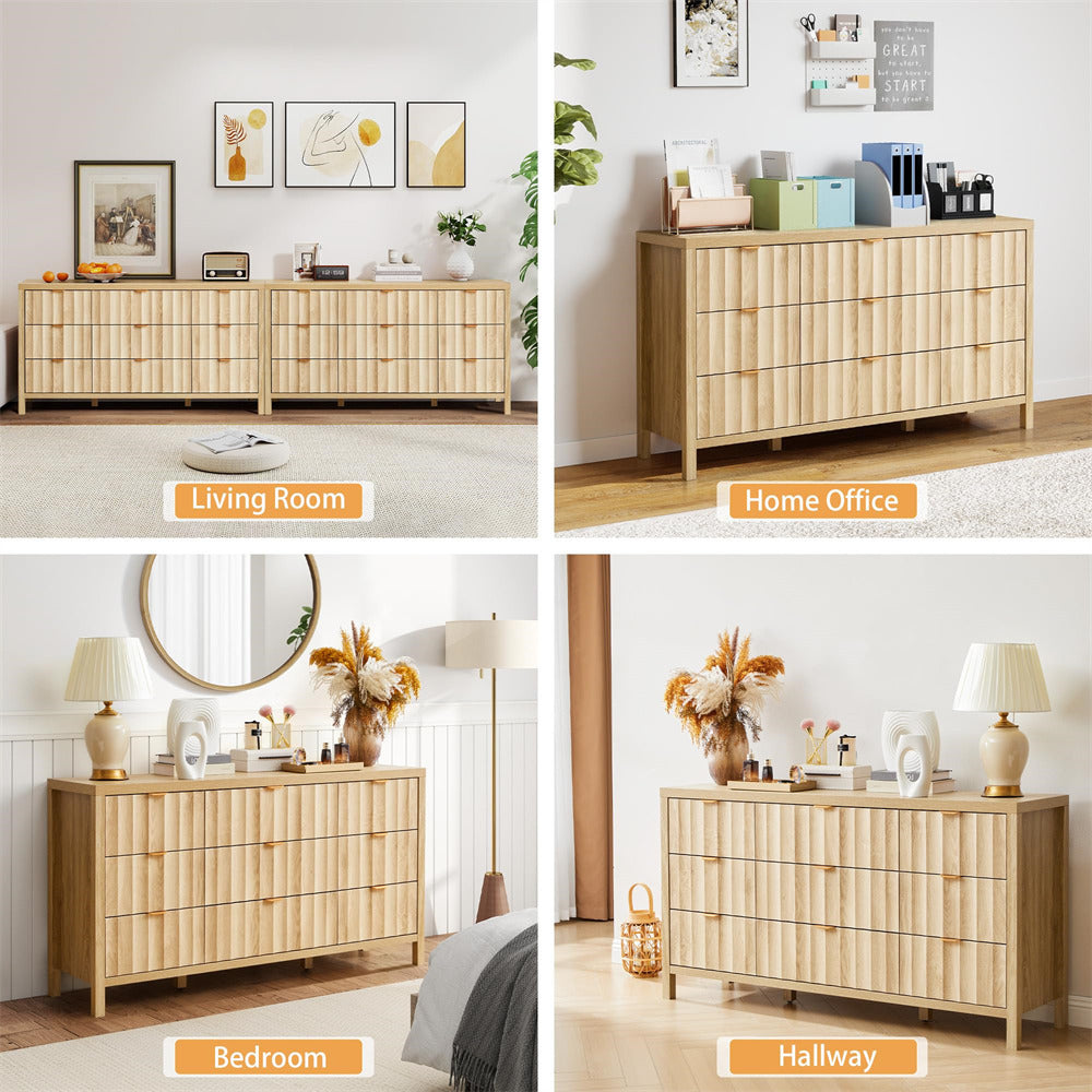 Wooden dresser shown in various room settings including living room, home office, bedroom, and hallway.