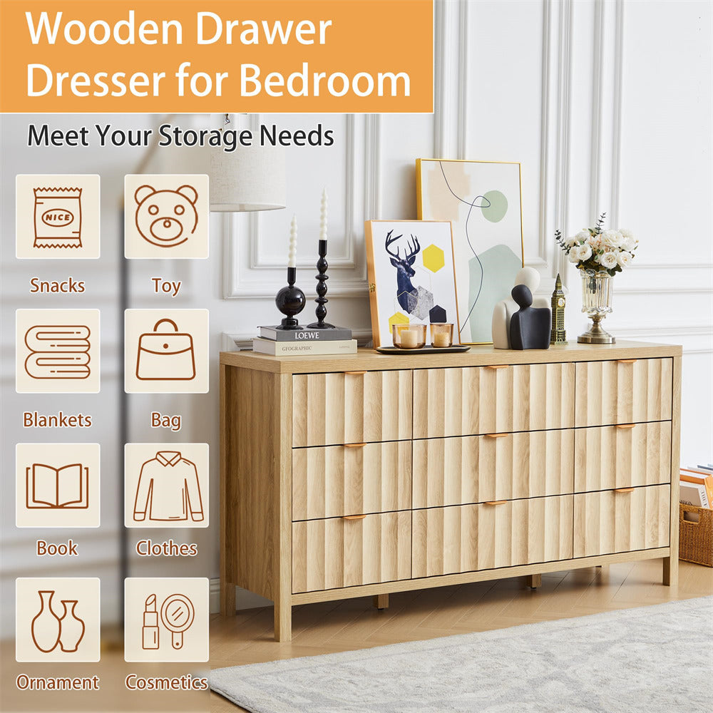 Wooden dresser with storage icons and items in a bedroom setting