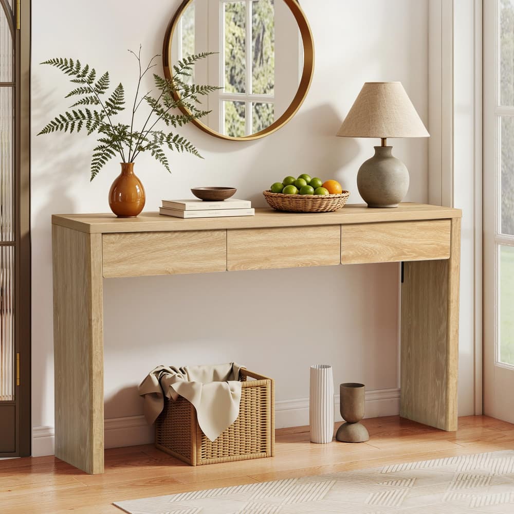 Natural 59.06'' Mid-Century Modern Narrow Entryway Table with Outlet and 3 Drawers