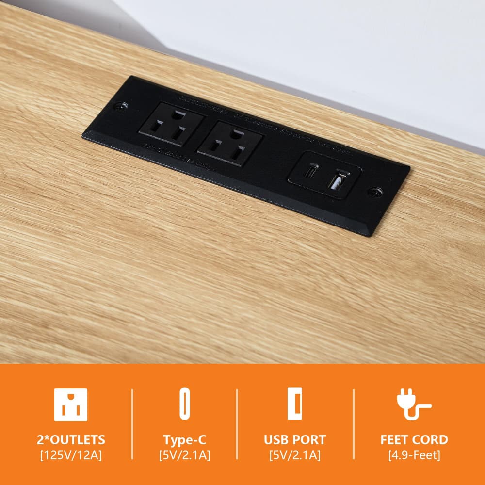 Black 3-outlet power strip with a USB-C port mounted on a light wood desk surface, with an orange informational banner at the bottom detailing features like 2 outlets, Type-C, USB port, and feet cord length.