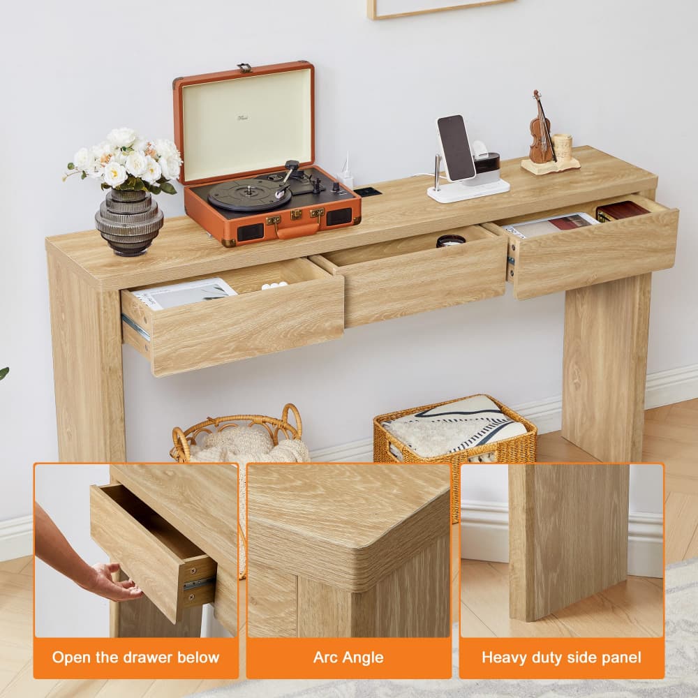 Natural 59.06'' Mid-Century Modern Narrow Entryway Table with Outlet and 3 Drawers