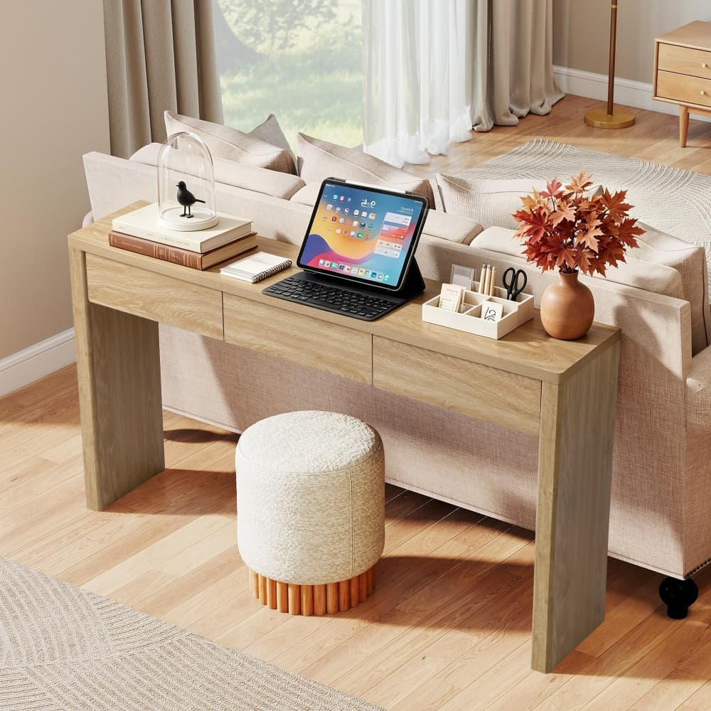 Natural 59.06'' Mid-Century Modern Narrow Entryway Table with Outlet and 3 Drawers